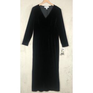 NWT VTG Jessica Howard Velvet Maxi Dress‎ Sz 14 Black Long Sleeve V-Neck NOS